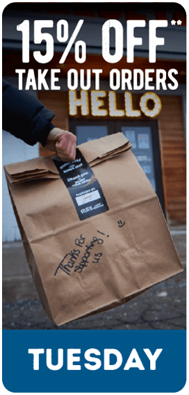 15 percent off on take out orders every tuesday